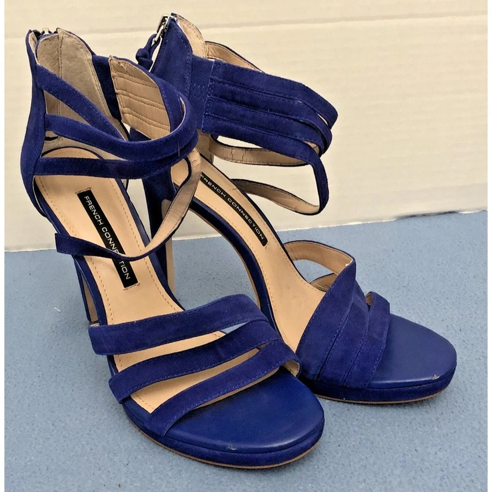 French‎ Connection Women's Blue Suede Slip-On Open Toe Zip Back Heels - Sz 9